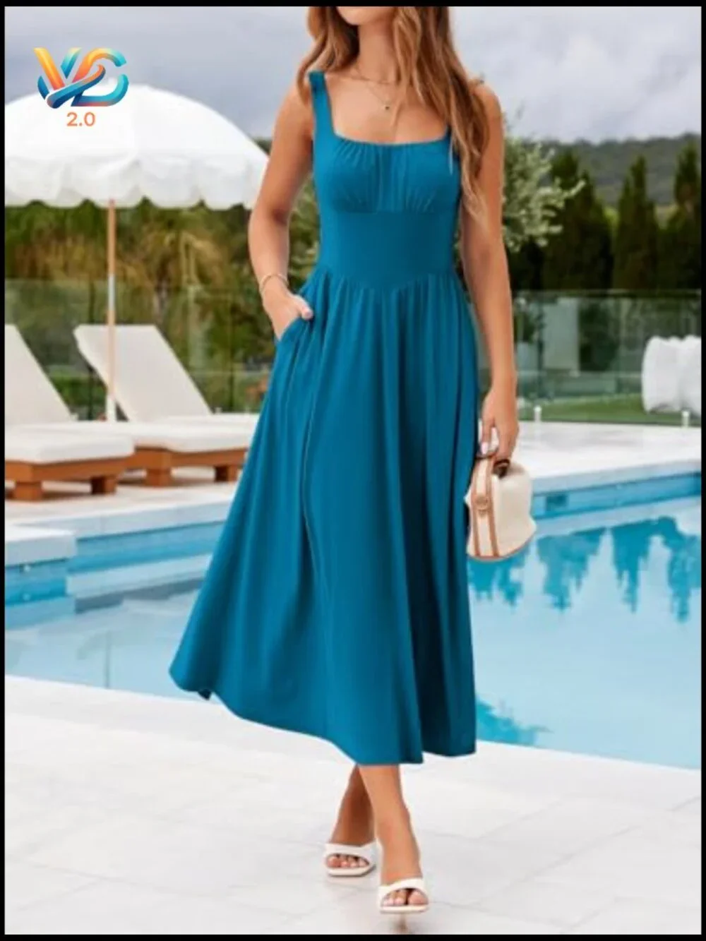 Womens Sleeveless Square Neck Midi Dress with Pockets A-Line Sundress - Picture 2 of 7